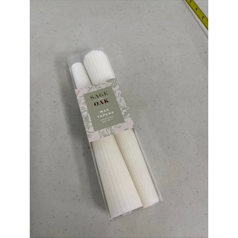 Sage and Oak White Ribbed Wax Taper Candles Unscented Set of 2 Fluted Design NEW